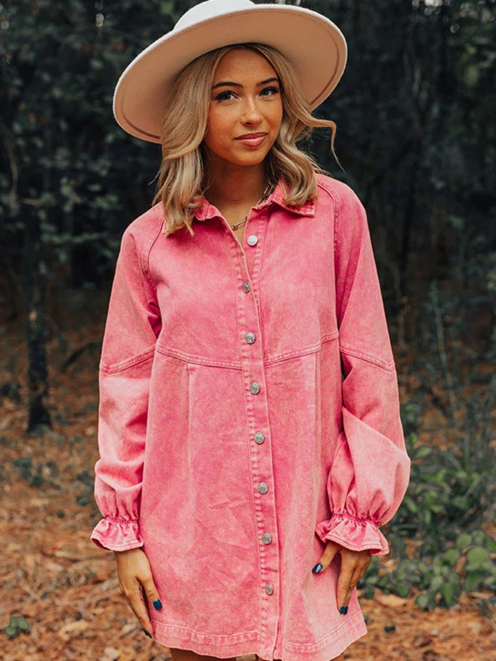 Pink Button-Front Denim Jacket Dress